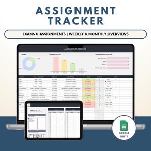 Puede incluir: Un rastreador de tareas digital que se muestra en una computadora portátil y una tableta. La pantalla muestra una hoja de cálculo con columnas para tareas, fechas de entrega y estado. El texto "Assignment Tracker" está en la parte superior, con "Exams & Assignments | Weekly & Monthly Overviews" debajo.