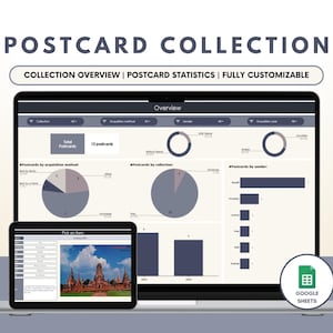 May include: A screenshot of a Google Sheet spreadsheet showing a postcard collection overview. The spreadsheet includes charts and graphs showing the total number of postcards, the acquisition method, the collection, and the sender. The spreadsheet is fully customizable and can be used to track and organize a postcard collection.