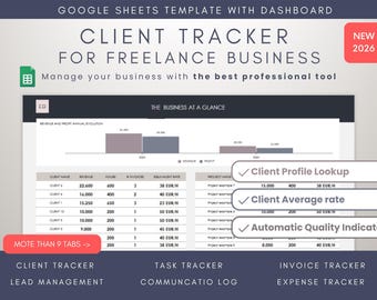 Hoja de cálculo de seguimiento de clientes Trabajador autónomo Freelancer Seguimiento de tareas Panel de CRM Gestión de clientes Seguimiento de facturas Seguimiento de clientes potenciales Cliente