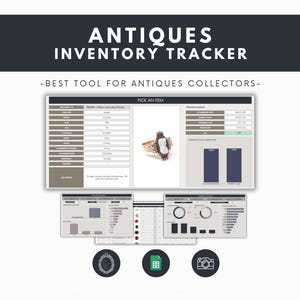 Puede incluir: Una plantilla de hoja de cálculo digital para el seguimiento de inventario de antigüedades con un encabezado oscuro con el texto Antiques Inventory Tracker y Best Tool For Antiques Collectors. La interfaz muestra tablas de datos, una imagen de un anillo de camafeo y gráficos.