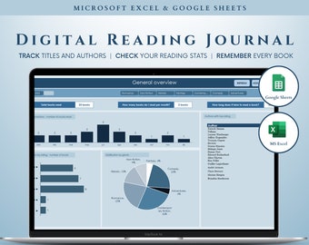 Op de afbeelding: Een laptopscherm dat een dashboard van een digitaal leesjournaal weergeeft met grafieken en diagrammen. Het dashboard houdt leesstatistieken bij, waaronder het totale aantal gelezen boeken, het aantal boeken dat per maand wordt gelezen en de verdeling per genre. Het dashboard bevat ook een lijst met auteurs met de hoogste beoordelingen. Het scherm toont de tekst "Algemeen overzicht", "Totaal aantal gelezen boeken", "Hoeveel boeken lees ik per maand?", "Verdeling per genre", "Auteur met de hoogste beoordeling", "VERVERSEN", "TOEVOEGEN", "Google Sheets" en "MS Excel".