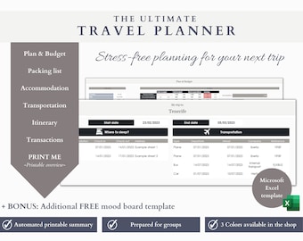 May include: A digital travel planner template in Microsoft Excel format. The template includes sections for planning and budgeting, packing lists, accommodation, transportation, itinerary, and transactions. The template is designed to help users plan stress-free trips. The template is available in three colors.
