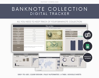 Spreadsheet voor het verzamelen van bankbiljetten Bankbiljetteninventaris Software voor het verzamelen van bankbiljetten Bankbiljettenalbum Bankbiljettenverzameling logverzameling tracker