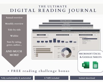 May include: A digital reading journal template for Microsoft Excel and Google Sheets. The template includes tabs for annual overview, monthly overview, title-by-title, wishlist, stats by rating, genre, author, and more. It also includes a free reading challenge bonus. The template is fully customizable and automated and includes 6 tabs.