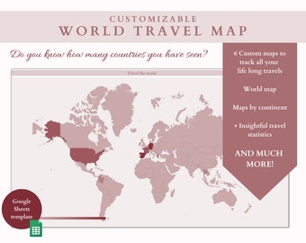 May include: A customizable world travel map template in a Google Sheets format. The map is pink and white with a red outline. The map shows the continents of North America, South America, Europe, Asia, Africa, and Australia. The text "Do you know how many countries you have seen?" is at the top of the image. The text "Travel the world" is below the map. The text "6 Custom maps to track all your life long travels" is on the right side of the image. The text "World map" is below the text "6 Custom maps to track all your life long travels". The text "Maps by continent" is below the text "World map". The text "+ Insightful travel statistics" is below the text "Maps by continent". The text "AND MUCH MORE!" is below the text "+ Insightful travel statistics". The text "Google Sheets template" is in a circle on the left side of the image. A spreadsheet icon is below the text "Google Sheets template".