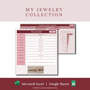 Rastreador de colección de joyas, rastreador de inventario de joyas, registro de joyas, organizador de joyas, hoja de cálculo digital de joyas