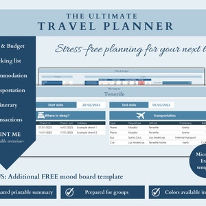 Ultimate Travel Planner for Excel | Digital travel planner spreadsheet | travel budget, packing list, travel itinerary, trip planner| Blue