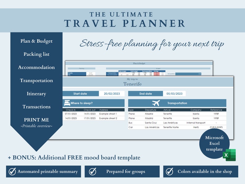 Ultimate Travel Planner for Excel Digital Travel Planner Spreadsheet