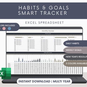 May include: A laptop screen displaying a spreadsheet with a gray, brown, and blue color scheme. The spreadsheet is titled "Habits & Goals Smart Tracker" and includes sections for daily habits, weekly goals, and new year's resolutions. The text "3 Colors Included" and "Instant Download | Multi Year" is also visible on the screen.