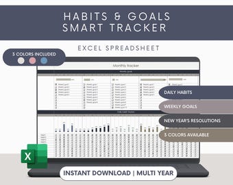 Könnte beinhalten: Ein Laptop-Bildschirm zeigt eine Tabelle mit einem Farbschema in Grau, Braun und Blau. Die Tabelle ist mit "Habits & Goals Smart Tracker" betitelt und enthält Abschnitte für tägliche Gewohnheiten, wöchentliche Ziele und Neujahrsvorsätze. Der Text "3 Farben enthalten" und "Sofort-Download | Mehrjährig" ist ebenfalls auf dem Bildschirm zu sehen.