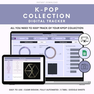 Puede incluir: Un rastreador digital de colecciones K-Pop que se muestra en una computadora portátil y una tableta. La interfaz es de color púrpura claro y blanco, con gráficos y campos de datos. El texto dice "K-Pop Collection Digital Tracker" y "All you need to keep track of your KPop collection."