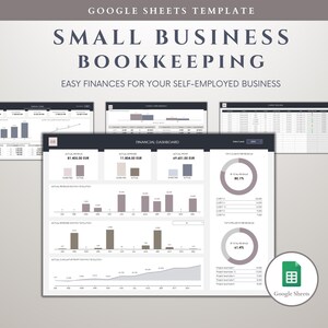 May include: A Google Sheets template for small business bookkeeping. The template includes a financial dashboard with charts and graphs, as well as a table for tracking income and expenses. The template is designed to help small business owners manage their finances.