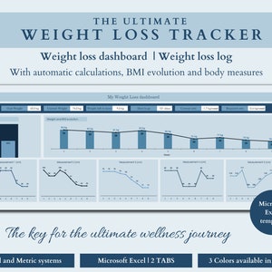 May include: A blue and white digital weight loss tracker template for Microsoft Excel. The template includes a dashboard with charts and graphs to track weight, BMI, and body measurements. The text "The key for the ultimate wellness journey" is displayed below the dashboard.