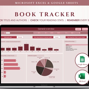 book reading tracker spreadsheet | digital reading journal | book reviews and reading log |reading list | book tracker spreadsheet | Pink