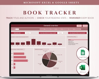 May include: A laptop screen displaying a book tracker spreadsheet with charts and graphs. The spreadsheet is titled "Book Tracker" and includes information about the number of books read, the distribution of genres, and the authors with the highest ratings. The spreadsheet is designed to help users track their reading habits and progress. The spreadsheet is compatible with both Microsoft Excel and Google Sheets.