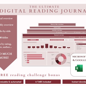 Ultimate book reading tracker spreadsheet google sheets| digital reading journal | book reviews and reading log | Pink