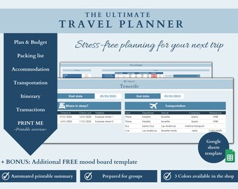 travel planner spreadsheet travel planner digital travel planner travel budget google sheets digital travel packing list travel itinerary