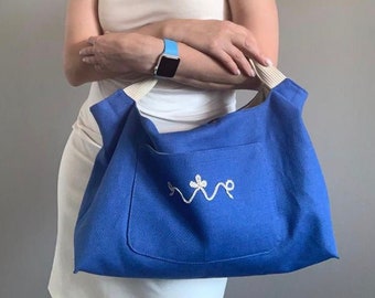 Blue linen casual Top Handle Bag with elegant embroidery. Eco fabric Top Handle bag for every day. Vintage hobo bag 16 x 10 inch