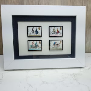 Ensemble de 4 timbres encadrés, Véritable Royal Mail, né en 1978, cadeau cycliste, cadeau fan de cyclisme, cyclisme, art cycliste, art sportif