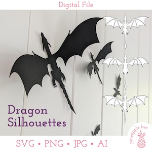 May include: A digital file download of five dragon silhouettes. The silhouettes are in black and white. The image shows a large black dragon silhouette in the foreground and four smaller white dragon silhouettes in the background. The text "Dragon Silhouettes" is written below the image. The text "SVG. PNG. JPG. AI" is written below the text "Dragon Silhouettes".