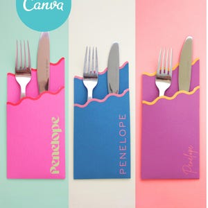 Modèle personnalisé sur toile de pochette à couverts à bord ondulé, décoration de table pour carte de visite, porte-ustensiles, set de table, pochette imprimable pour couteau et fourchette