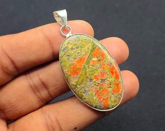 Unakite Jasper Cabochon Pendant: Sterling Silver Plated Necklace