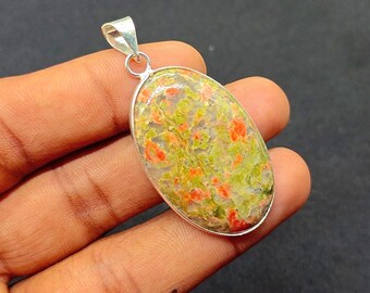 Unakite Jasper Cabochon Pendant: Sterling Silver Plated Necklace