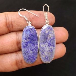 Natürliche blaue Fossil Koralle Edelstein Ohrringe, versilberte Ohrringe, Fossil Koralle, Edelstein Ohrringe Heilstein Schmuck Weihnachtsgeschenk