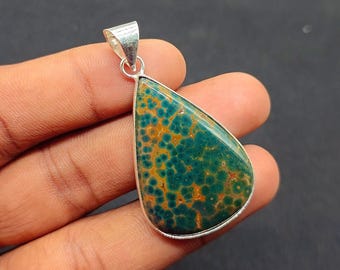 Ocean Jasper Gemstone Pendant: Silver Plated Pear Necklace