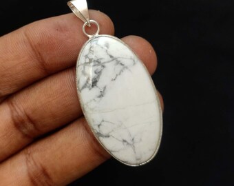 Oval Howlite Pendant: Vintage Silver Plated Necklace, 2 Inch Gemstone