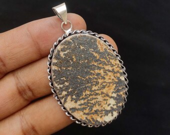 Colgante de cabujón de psilomelano: collar bañado en plata estilo vintage