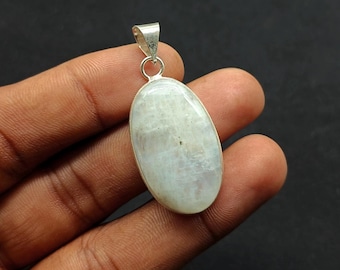 Natural Rainbow Moonstone Pendant, Silver Plated Cabochon, 1.5 inch