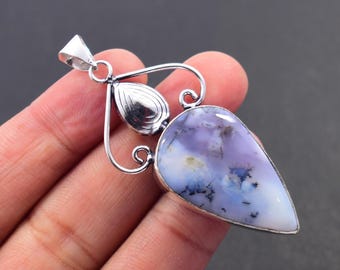 Ciondolo in agata dendritica bianca naturale, castone con pietra preziosa, gioielli placcati in argento sterling 925