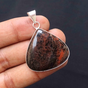 Black Jasper Cabochon Pendant: Handmade Silver Plated Necklace