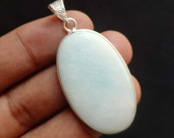 Blue Aragonite Cabochon Pendant: Silver Plated Necklace, 1.5"