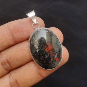 Bloodstone Cabochon Pendant: Vintage Silver Plated Necklace, 1.5&quot;