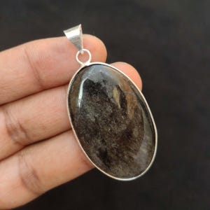 Natural Silver Obsidian Pendant: Silver Plated Bezel, 2&quot; Gemstone Jewelry