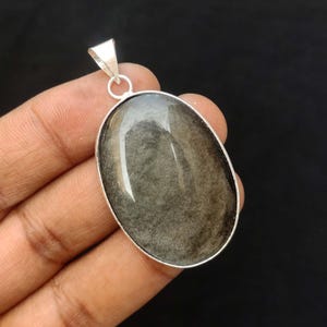 Silver Obsidian Pendant: Sterling Silver Plated Bezel, 2&quot; Gemstone Necklace