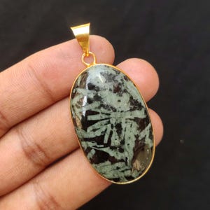 100% Natural Green Jasper Cabochon Pendant, Gold Plated Necklace, Jasper Jewelry, Women Pendant Christmas Jewelry Gift