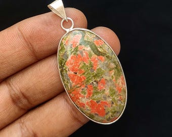 Unakite Jasper Cabochon Pendant: Sterling Silver Plated Necklace
