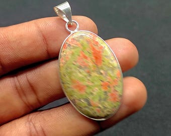 Unakite Jasper Silver Plated Pendant, Boho Necklace