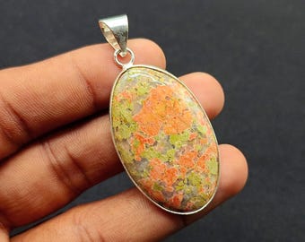Unakite Jasper Cabochon Pendant: Sterling Silver Plated Necklace