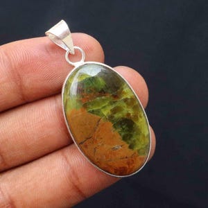 Natural Green Opal Pendant: Sterling Silver Plated Bezel, Oval Crystal