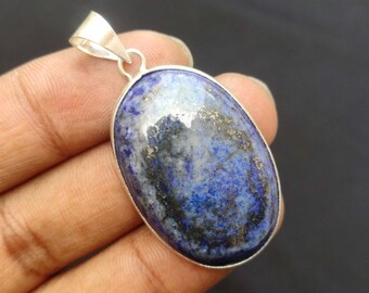 Natural Lapis Lazuli Cabochon, Silver Plated Pendant, Handmade Anniversary Gift