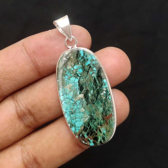 Natural Turquoise Gemstone Pendant: Sterling Silver Plated