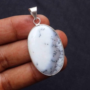Dendritic Agate Pendant: White Gemstone, Silver Plated Bezel