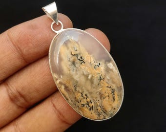 Natural Dendrite Opal Silver Plated Pendant: Oval Gemstone Necklace