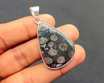 Fossil Coral Sterling Silver Pendant: Black Gemstone Jewelry