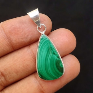 Tiny Natural Malachite Pendant: Silver Plated Pear Necklace