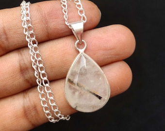Black Rutile Quartz Pendant: Handmade Silver Plated Necklace, 18"